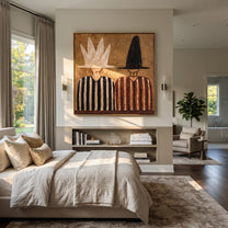 White Crown Meets Black - crown hat figure pair painting by Elliot Vale, modern figurative square wall art - styled room scene view 3