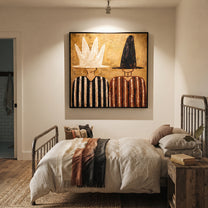 White Crown Meets Black - crown hat figure pair painting by Elliot Vale, modern figurative square wall art - styled room scene view 4