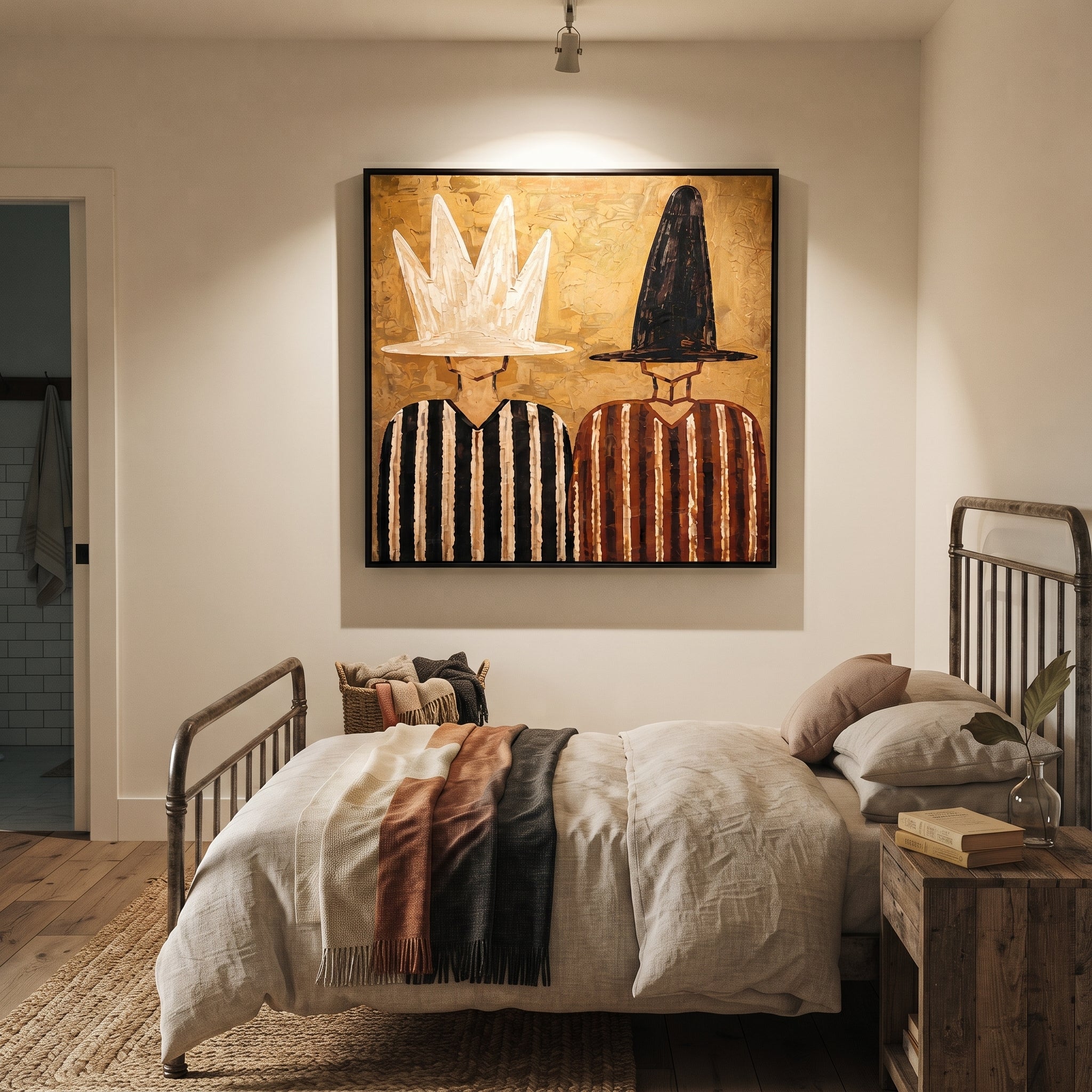 White Crown Meets Black - crown hat figure pair painting by Elliot Vale, modern figurative square wall art - styled room scene view 4