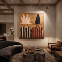 White Crown Meets Black - crown hat figure pair painting by Elliot Vale, modern figurative square wall art - styled room scene view 5