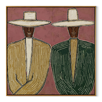 Green Suits Face Pink - striped suit figure pair painting by Elliot Vale, modern figurative square wall art - wood frame on white background