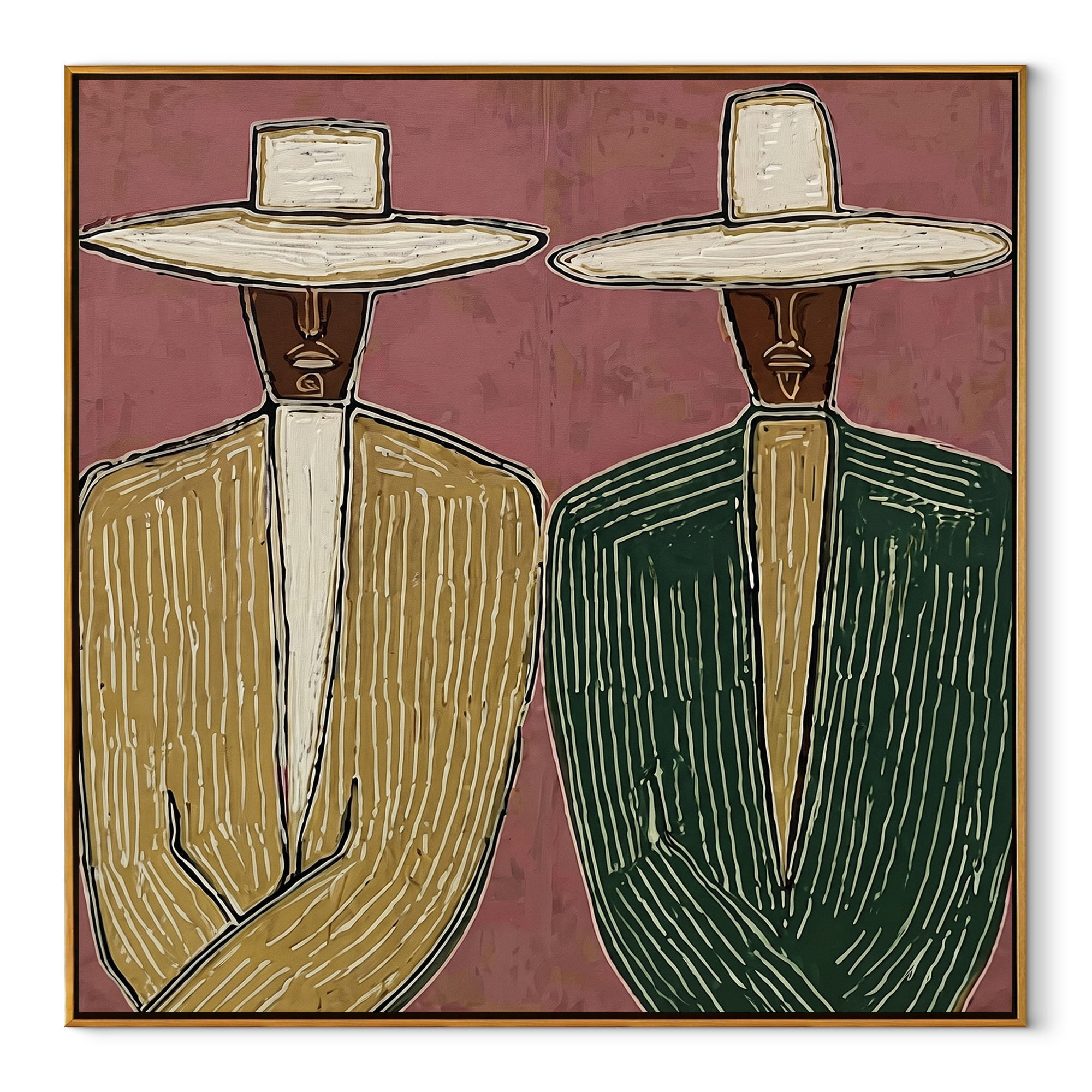 Green Suits Face Pink - striped suit figure pair painting by Elliot Vale, modern figurative square wall art - wood frame on white background