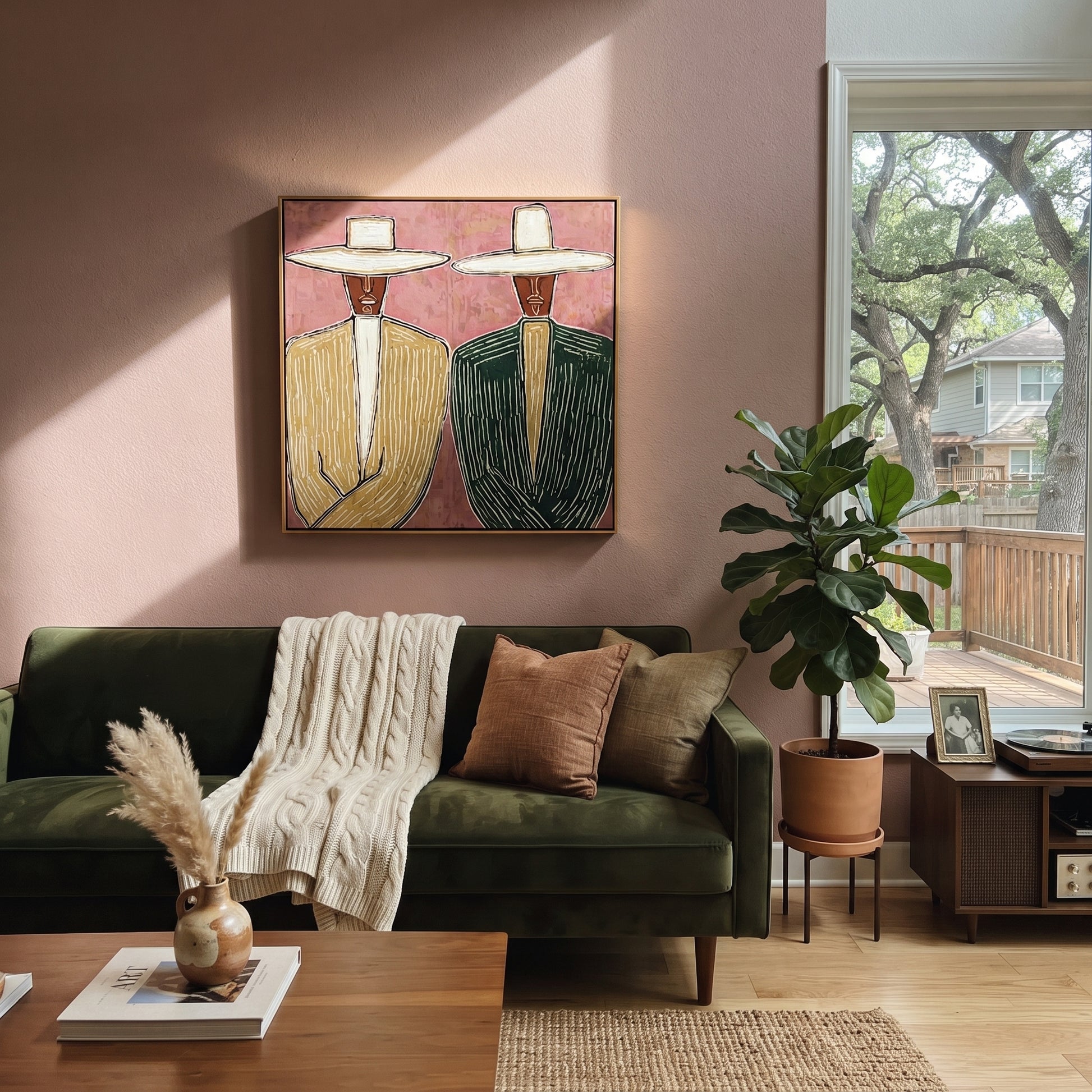Green Suits Face Pink - striped suit figure pair painting by Elliot Vale, modern figurative square wall art - styled room scene view 2