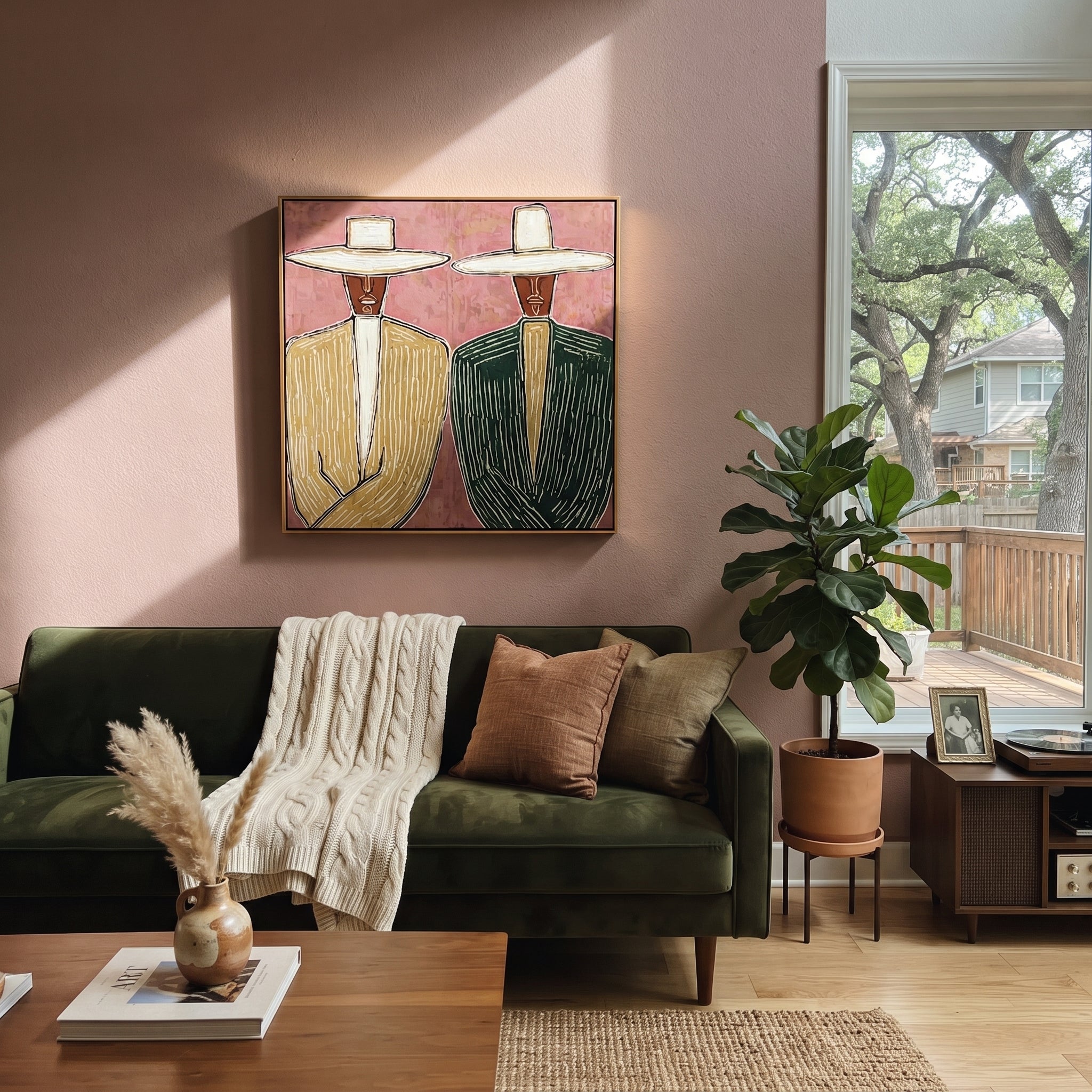Green Suits Face Pink - striped suit figure pair painting by Elliot Vale, modern figurative square wall art - styled room scene view 2