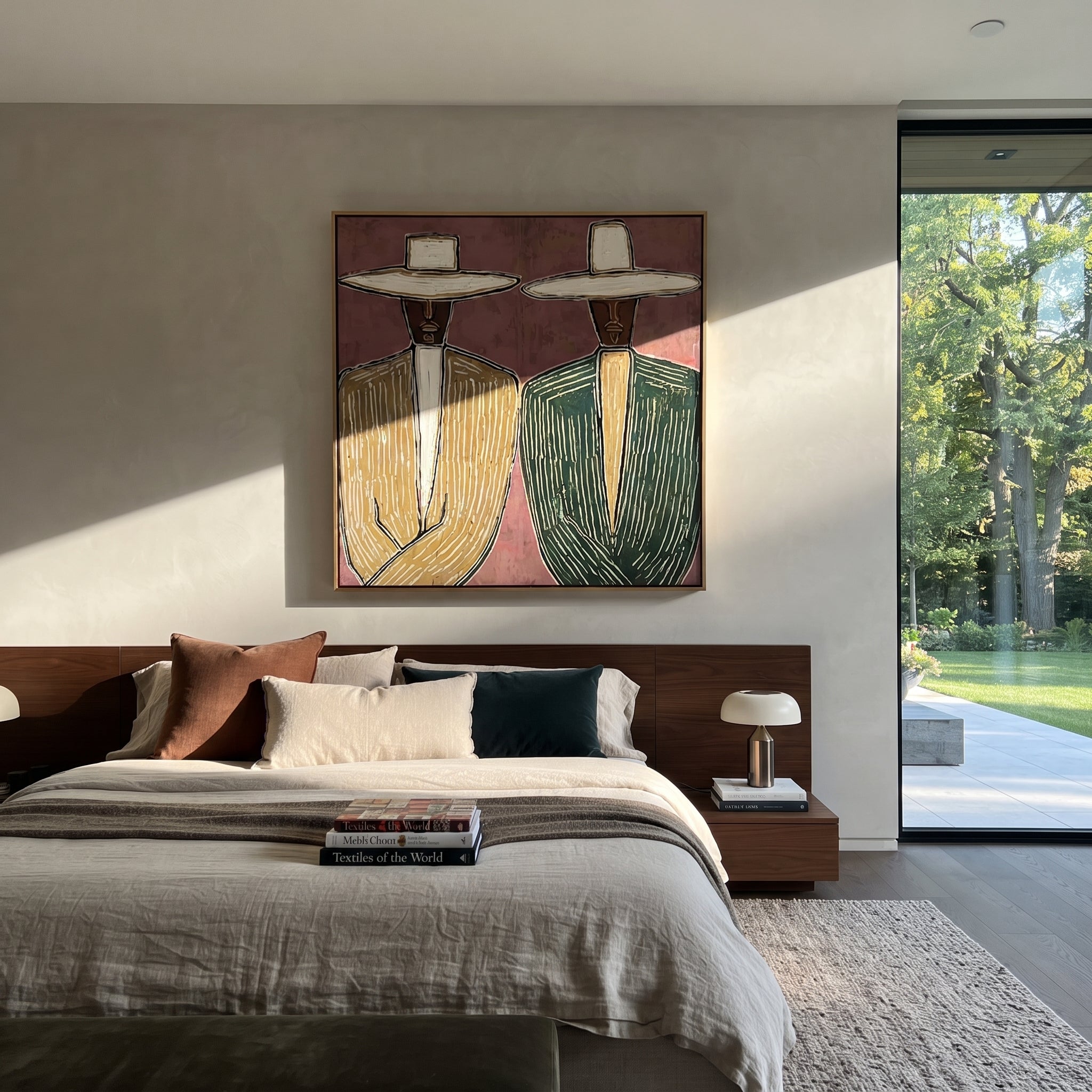 Green Suits Face Pink - striped suit figure pair painting by Elliot Vale, modern figurative square wall art - styled room scene view 3