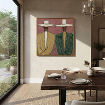 Green Suits Face Pink - striped suit figure pair painting by Elliot Vale, modern figurative square wall art - styled room scene view 4