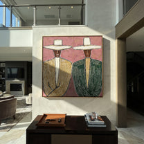 Green Suits Face Pink - striped suit figure pair painting by Elliot Vale, modern figurative square wall art - styled room scene view 5