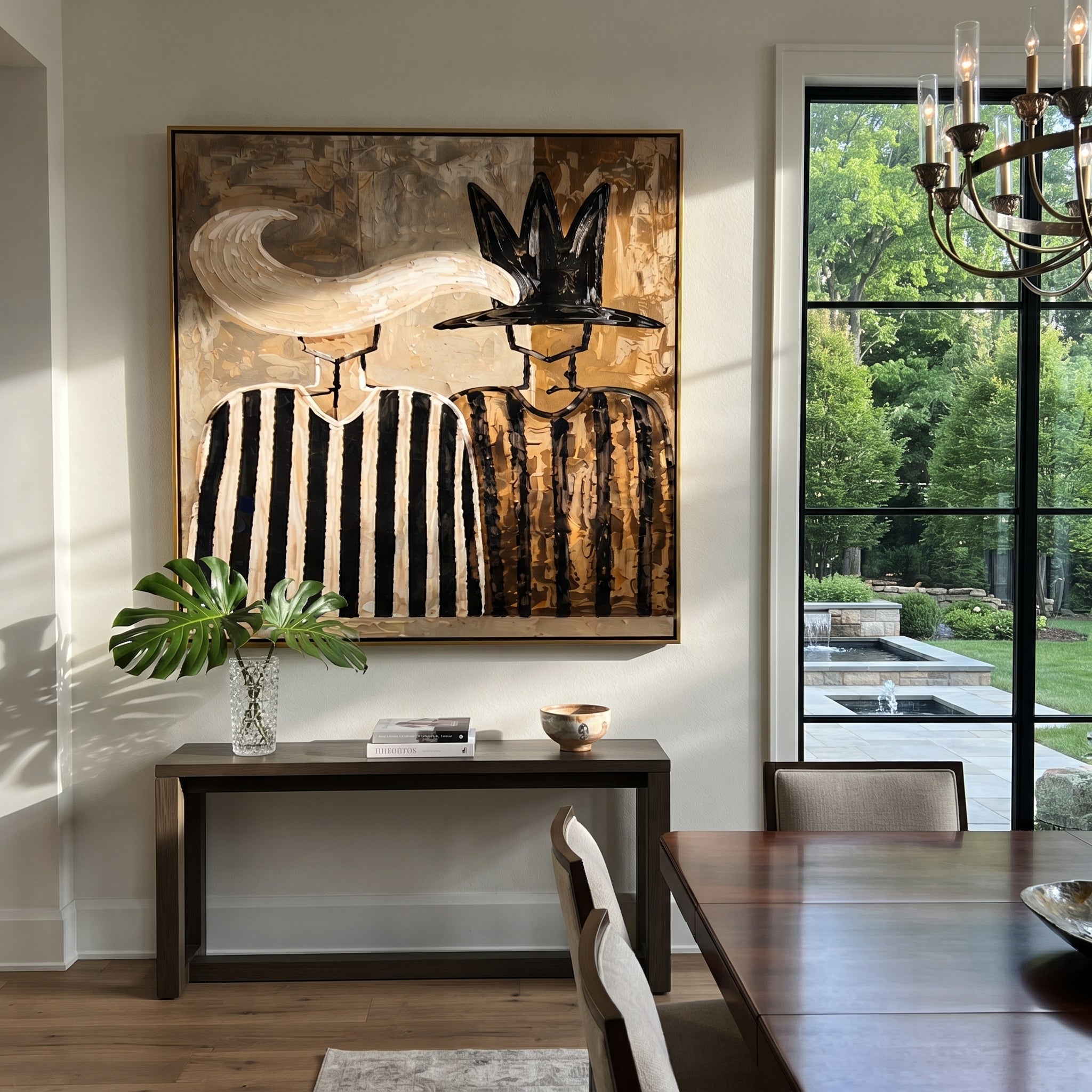 White Plume Meets Shadow - feather hat figure pair painting by Elliot Vale, modern figurative square wall art - styled room scene view 1