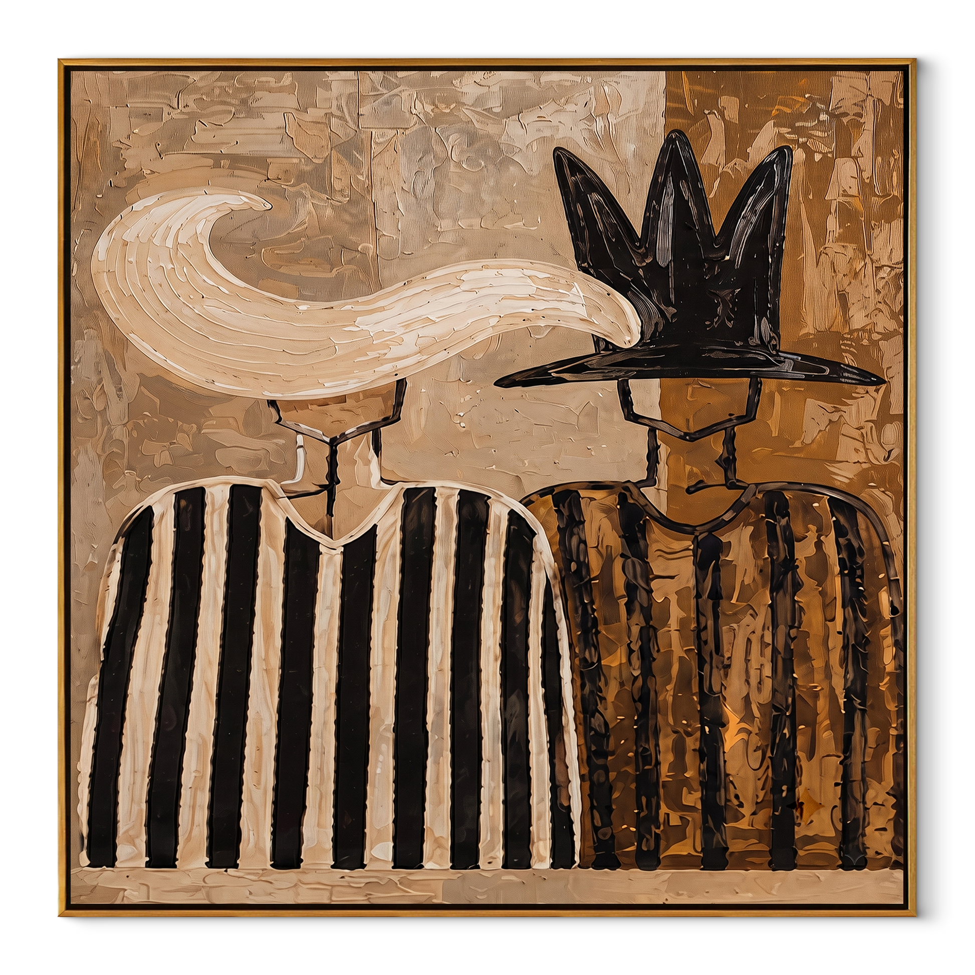 White Plume Meets Shadow - feather hat figure pair painting by Elliot Vale, modern figurative square wall art - wood frame on white background