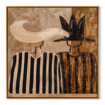 White Plume Meets Shadow - feather hat figure pair painting by Elliot Vale, modern figurative square wall art - wood frame on white background