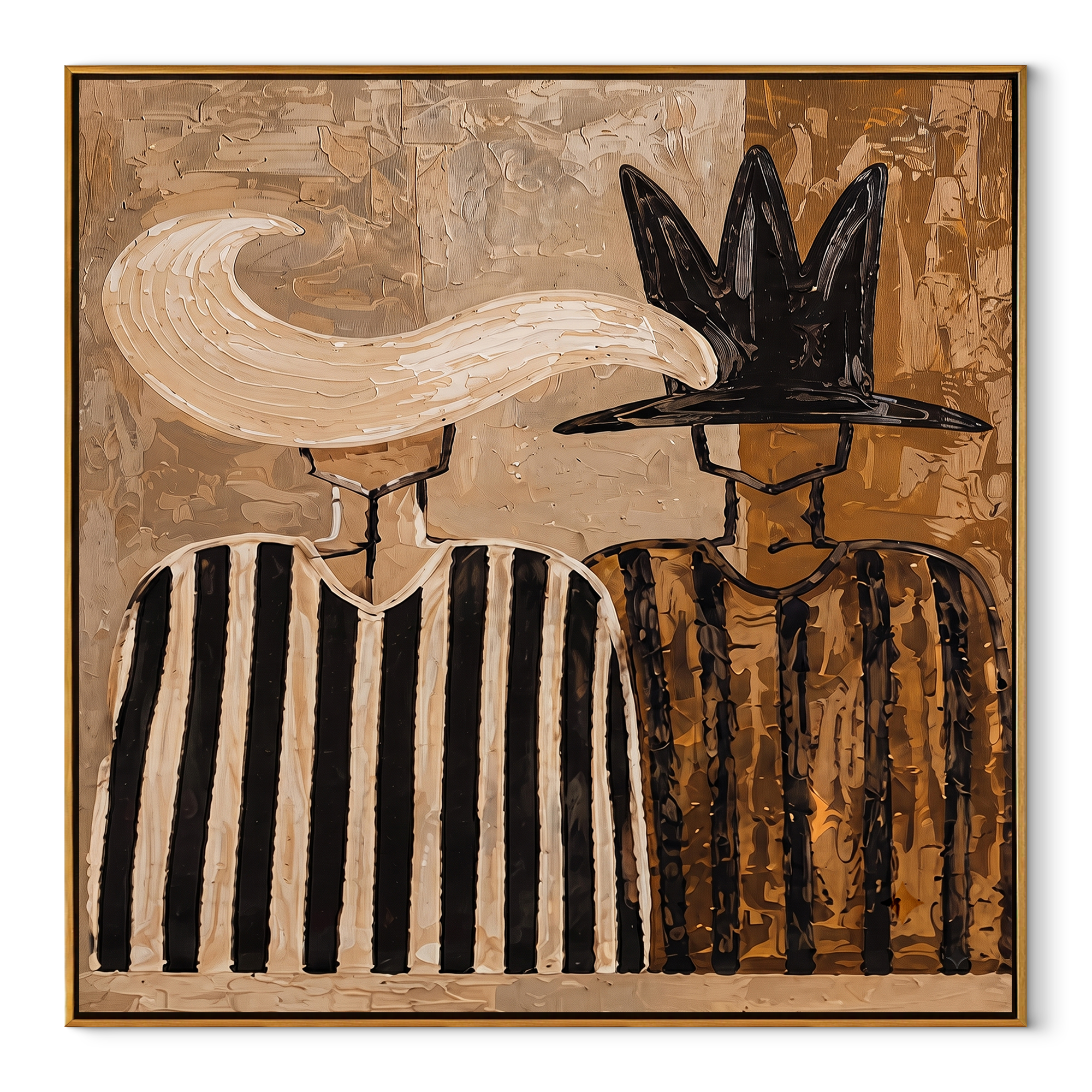 White Plume Meets Shadow - feather hat figure pair painting by Elliot Vale, modern figurative square wall art - wood frame on white background