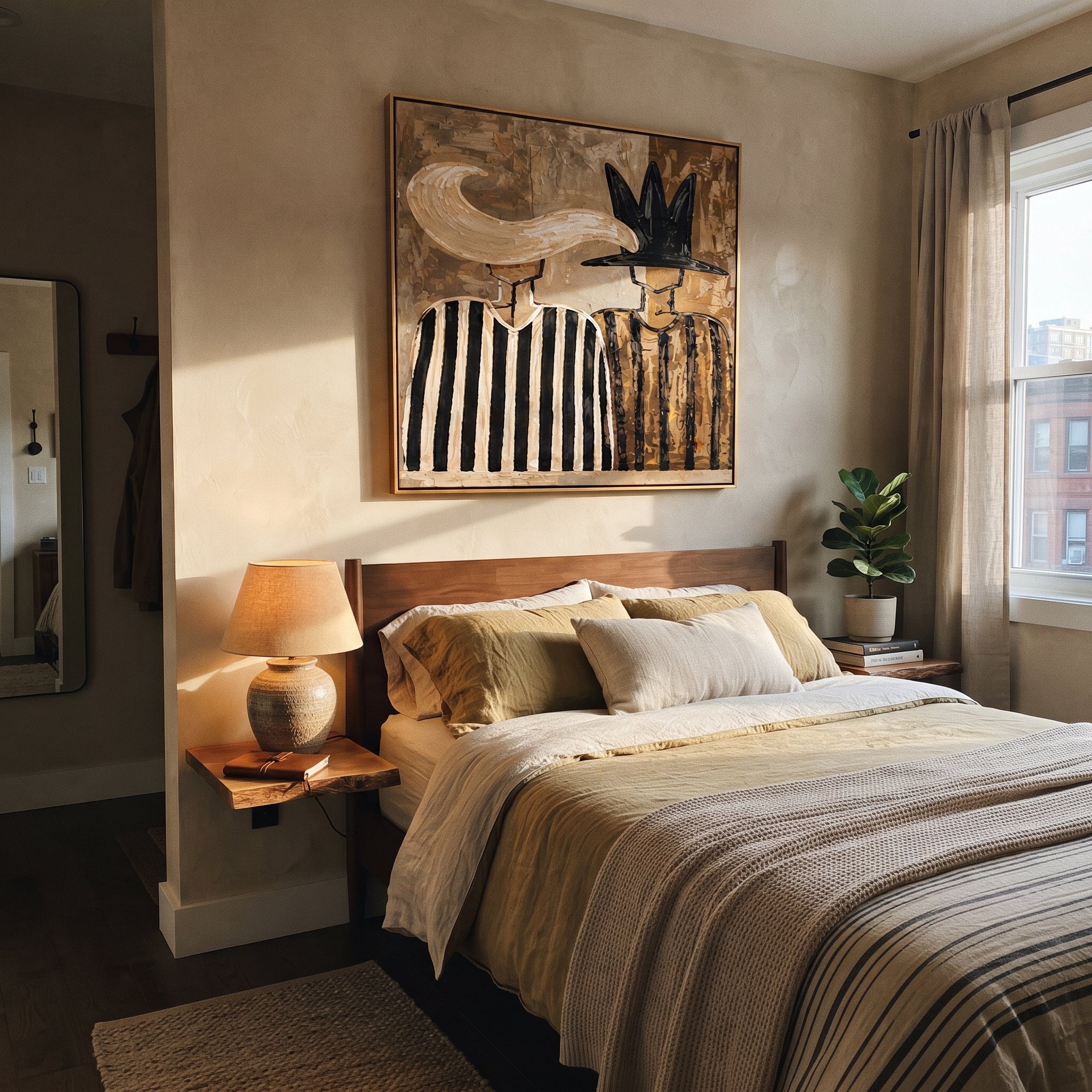 White Plume Meets Shadow - feather hat figure pair painting by Elliot Vale, modern figurative square wall art - styled room scene view 2