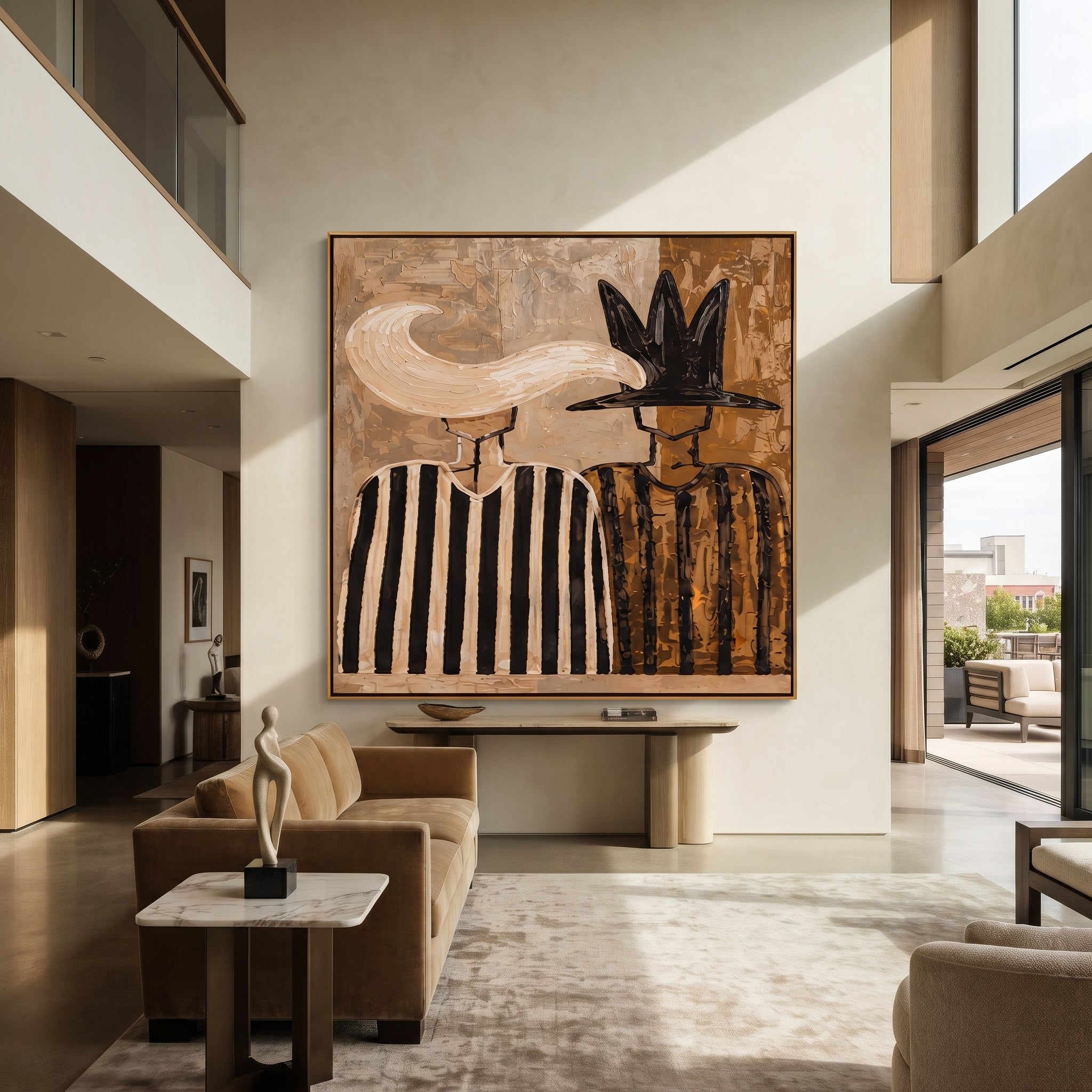 White Plume Meets Shadow - feather hat figure pair painting by Elliot Vale, modern figurative square wall art - styled room scene view 3