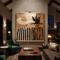 White Plume Meets Shadow - feather hat figure pair painting by Elliot Vale, modern figurative square wall art - styled room scene view 4