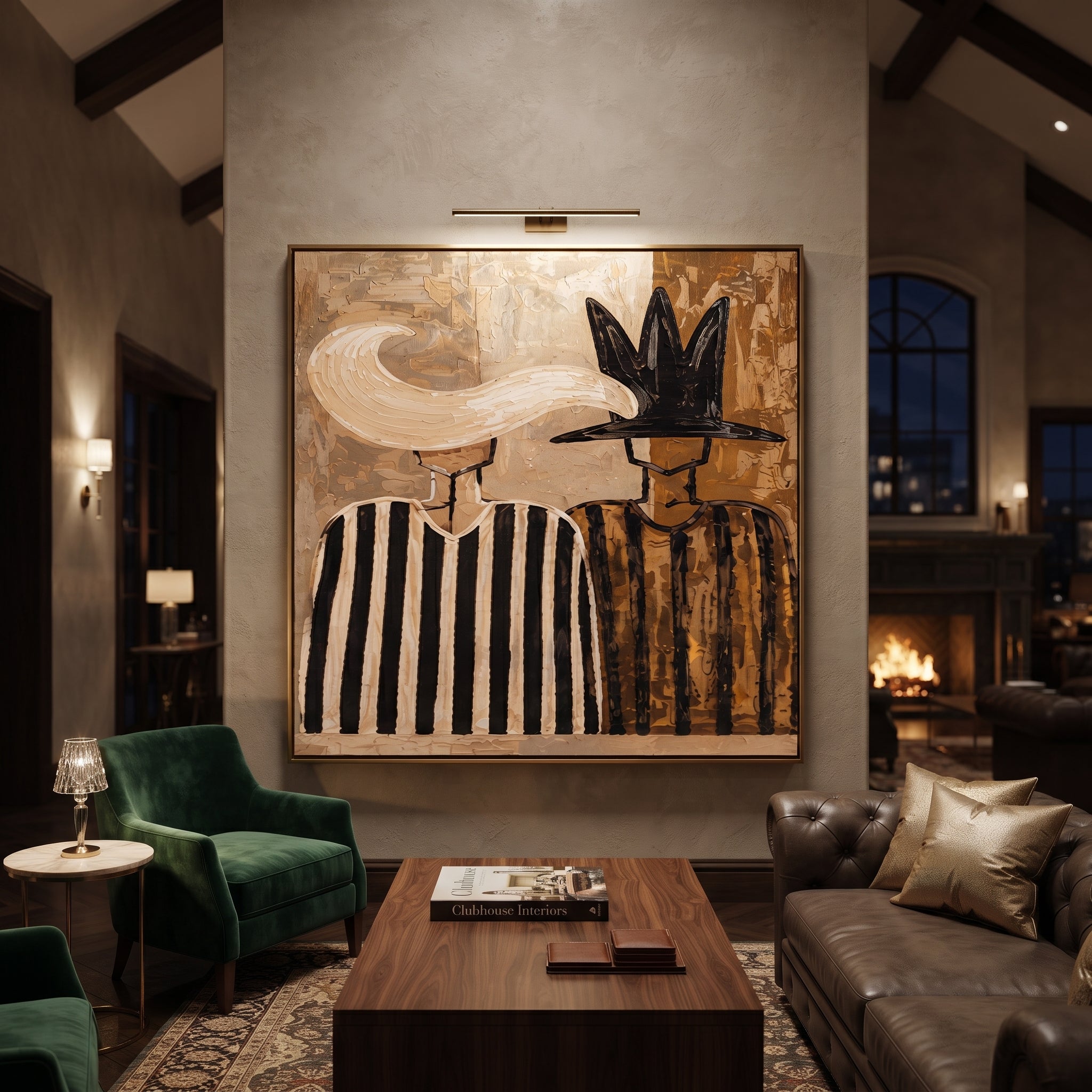 White Plume Meets Shadow - feather hat figure pair painting by Elliot Vale, modern figurative square wall art - styled room scene view 4