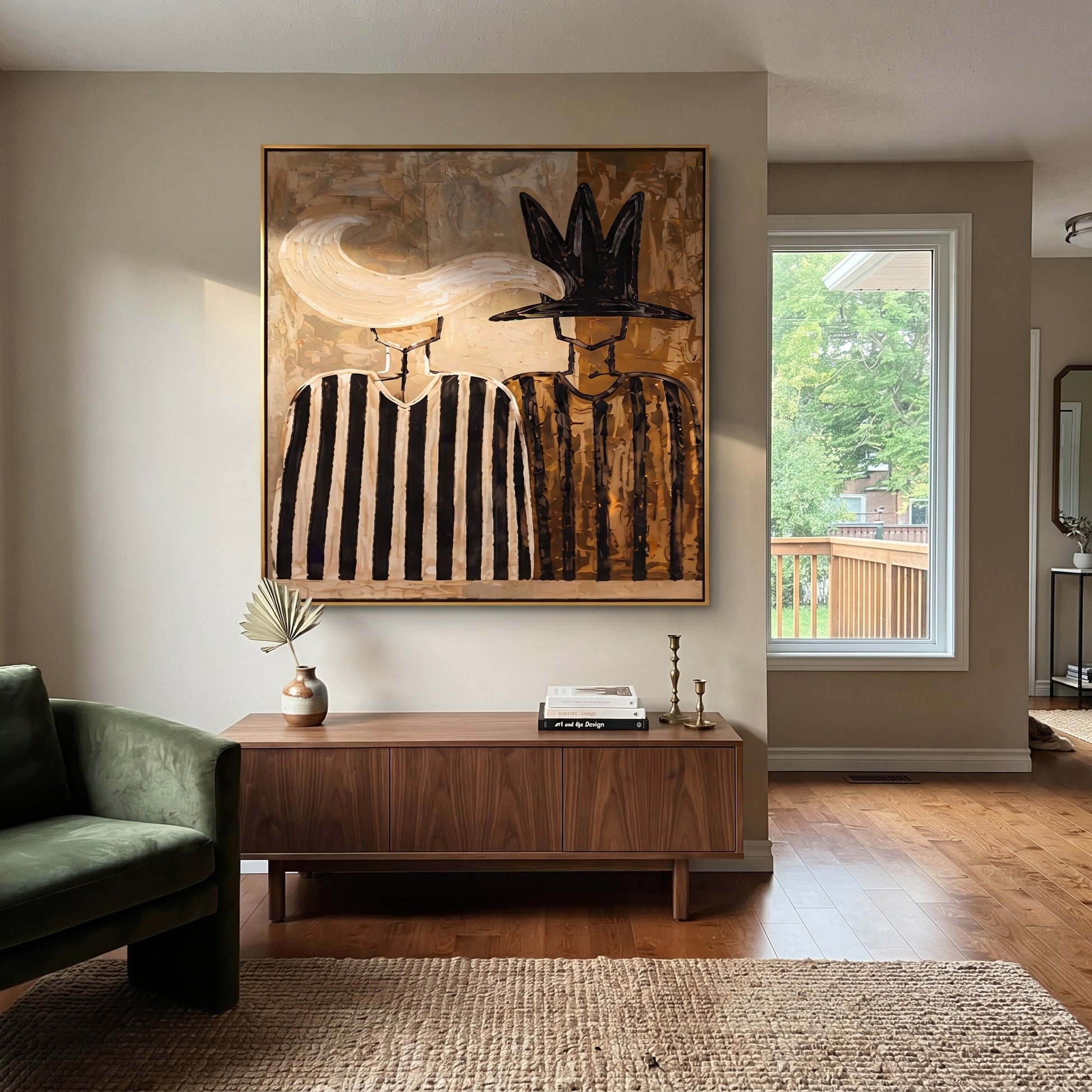 White Plume Meets Shadow - feather hat figure pair painting by Elliot Vale, modern figurative square wall art - styled room scene view 5