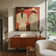 Ivory Lines Face Burgundy - elegant striped figure pair painting by Elliot Vale, modern figurative square wall art - styled room scene view 1