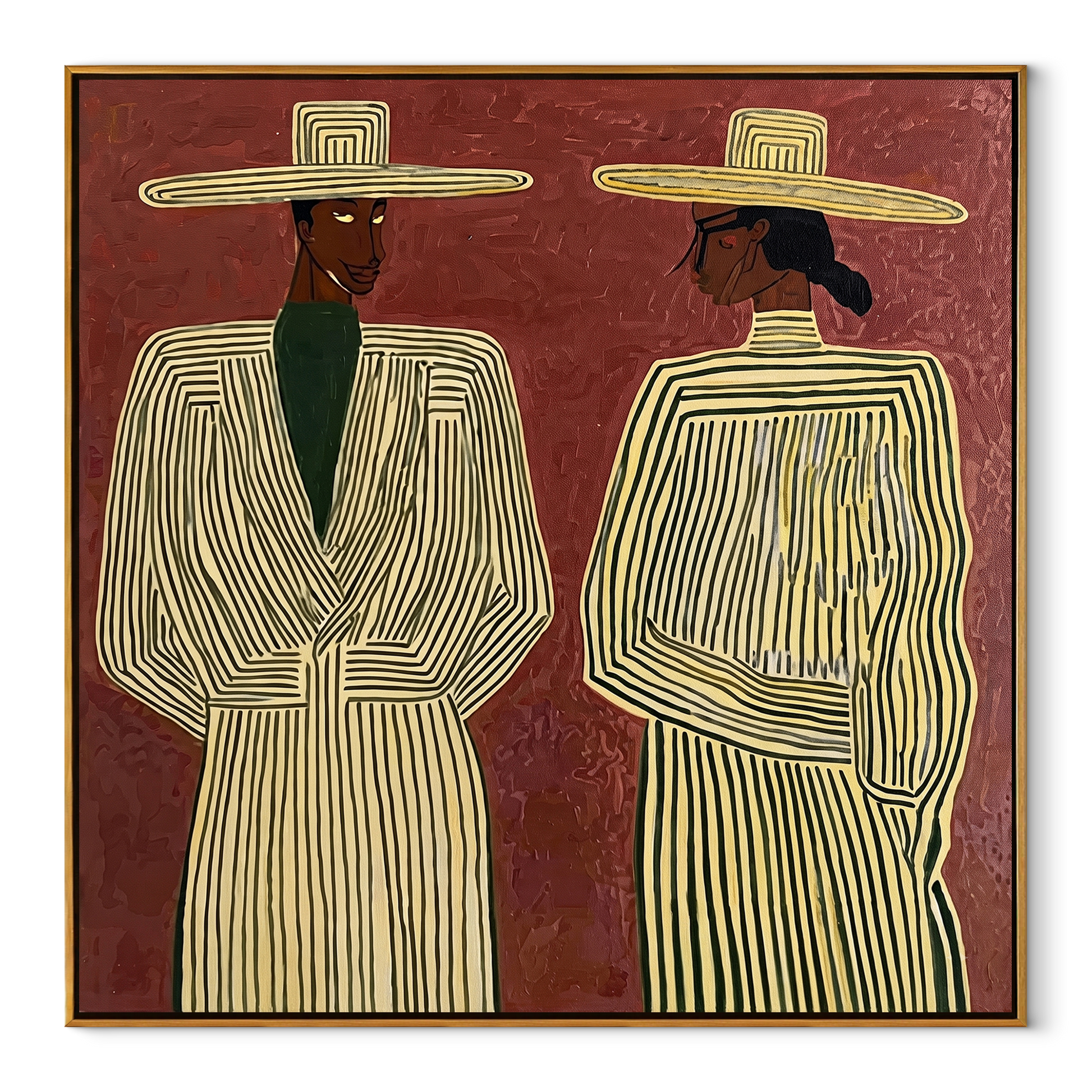 Ivory Lines Face Burgundy - elegant striped figure pair painting by Elliot Vale, modern figurative square wall art - wood frame on white background