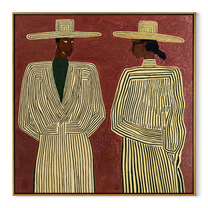 Ivory Lines Face Burgundy - elegant striped figure pair painting by Elliot Vale, modern figurative square wall art - wood frame on white background