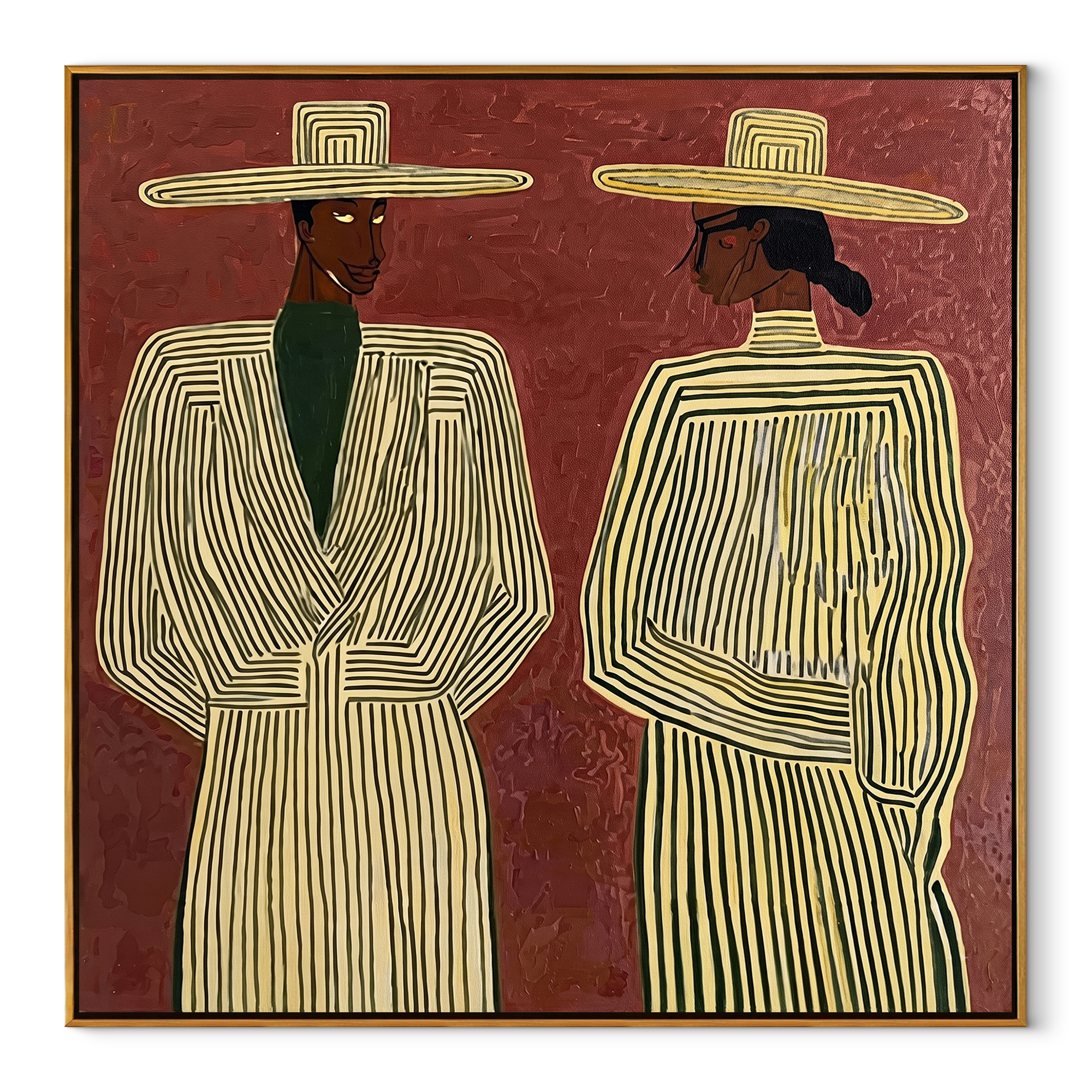 Ivory Lines Face Burgundy - elegant striped figure pair painting by Elliot Vale, modern figurative square wall art - wood frame on white background