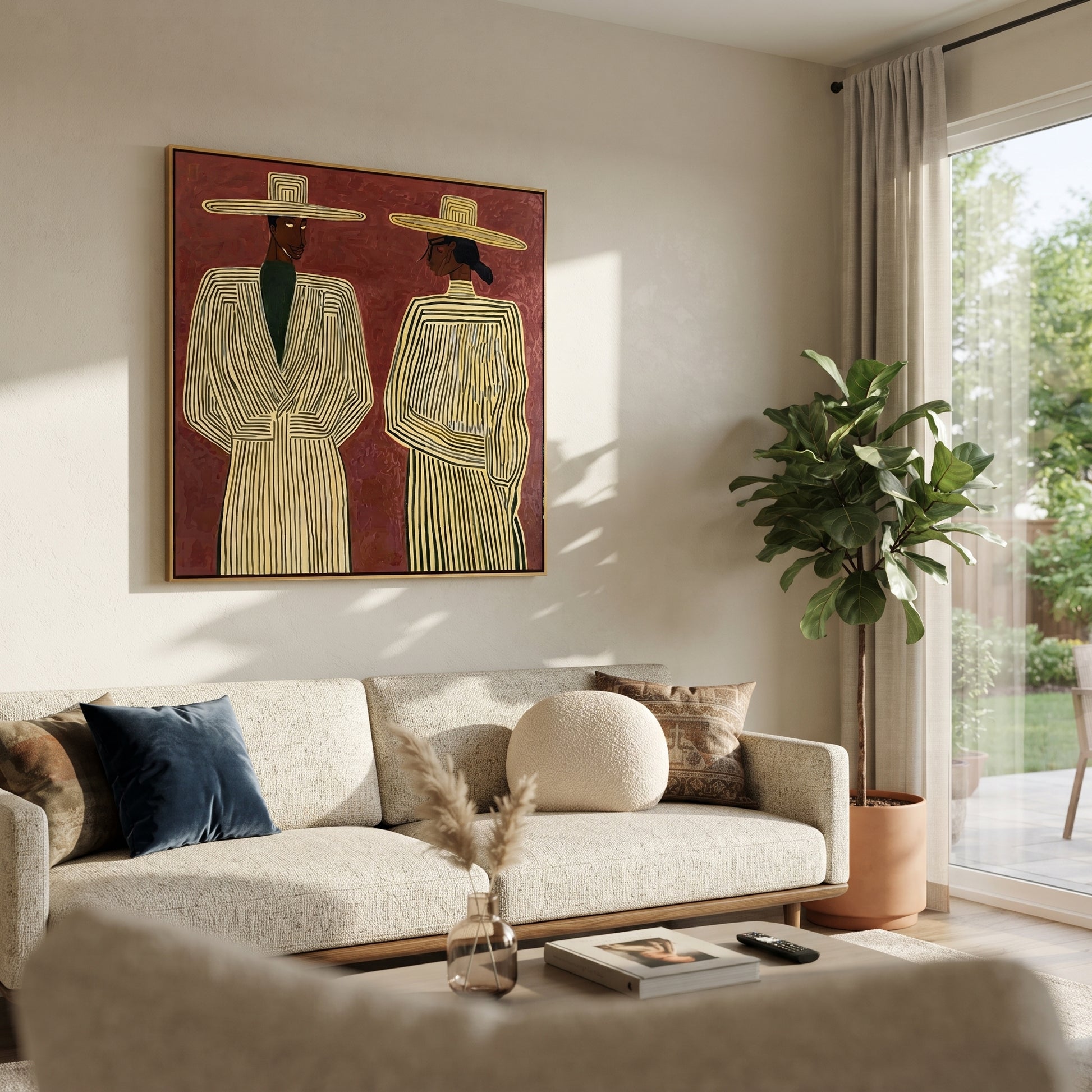 Ivory Lines Face Burgundy - elegant striped figure pair painting by Elliot Vale, modern figurative square wall art - styled room scene view 2