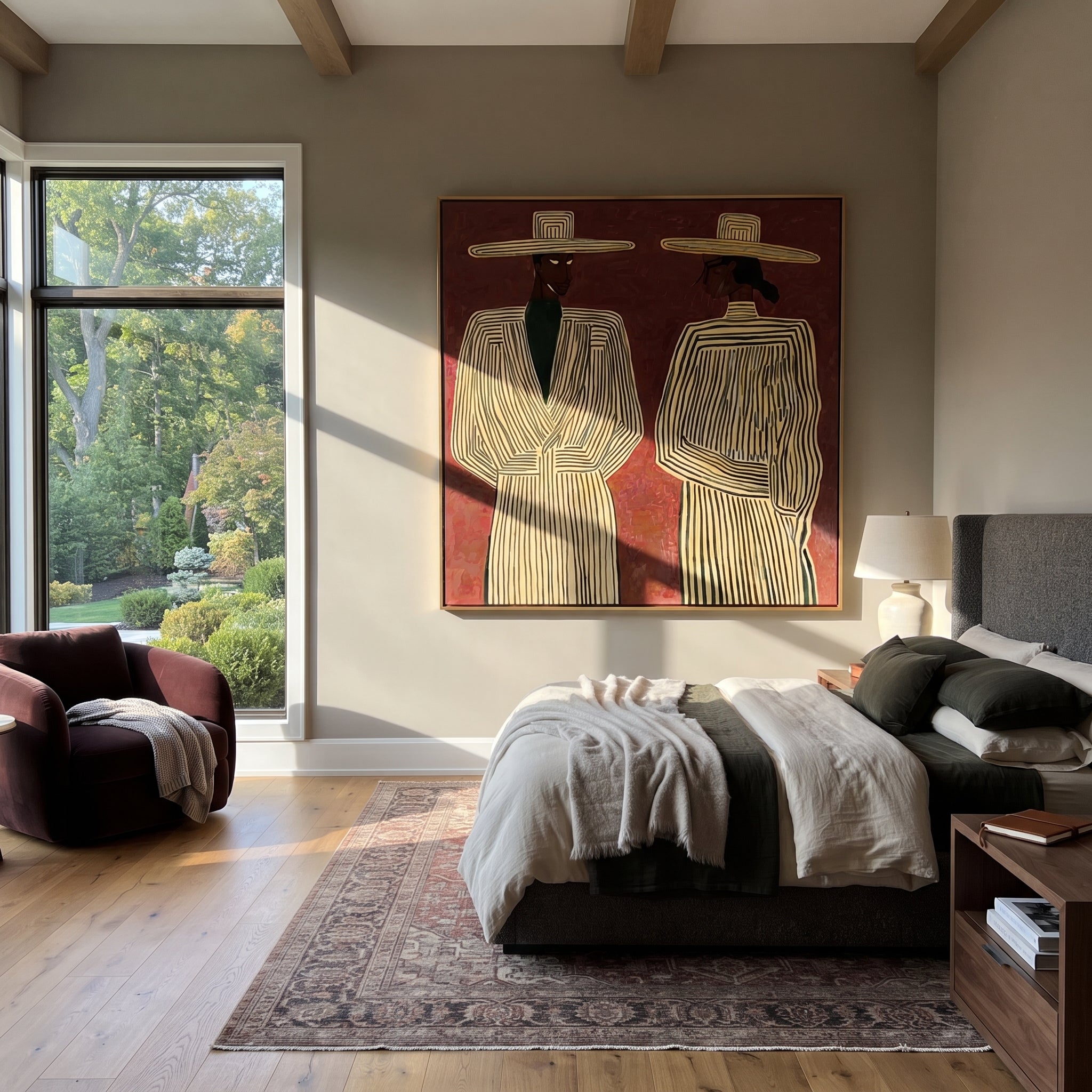 Ivory Lines Face Burgundy - elegant striped figure pair painting by Elliot Vale, modern figurative square wall art - styled room scene view 3