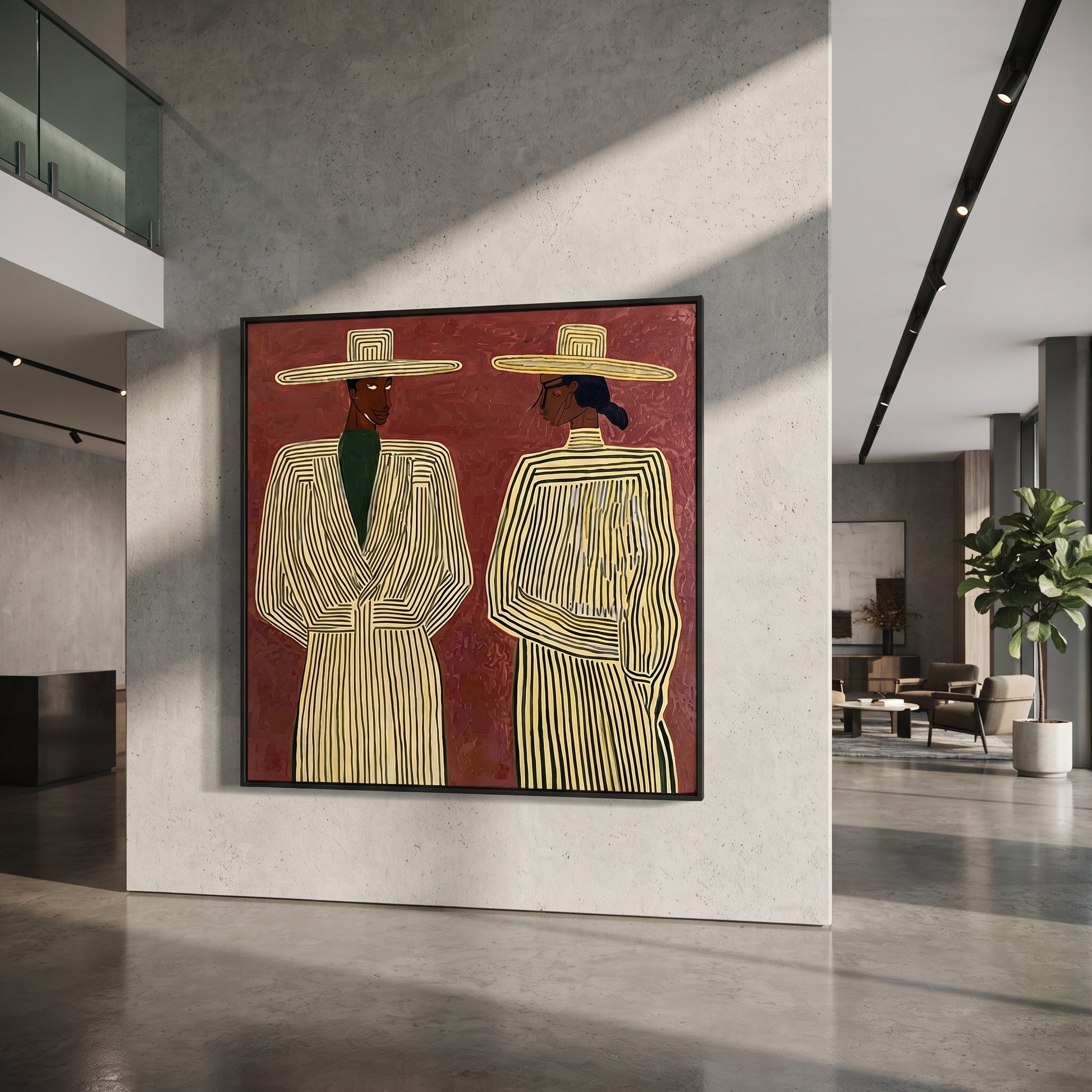 Ivory Lines Face Burgundy - elegant striped figure pair painting by Elliot Vale, modern figurative square wall art - styled room scene view 5