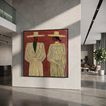 Ivory Lines Face Burgundy - elegant striped figure pair painting by Elliot Vale, modern figurative square wall art - styled room scene view 5