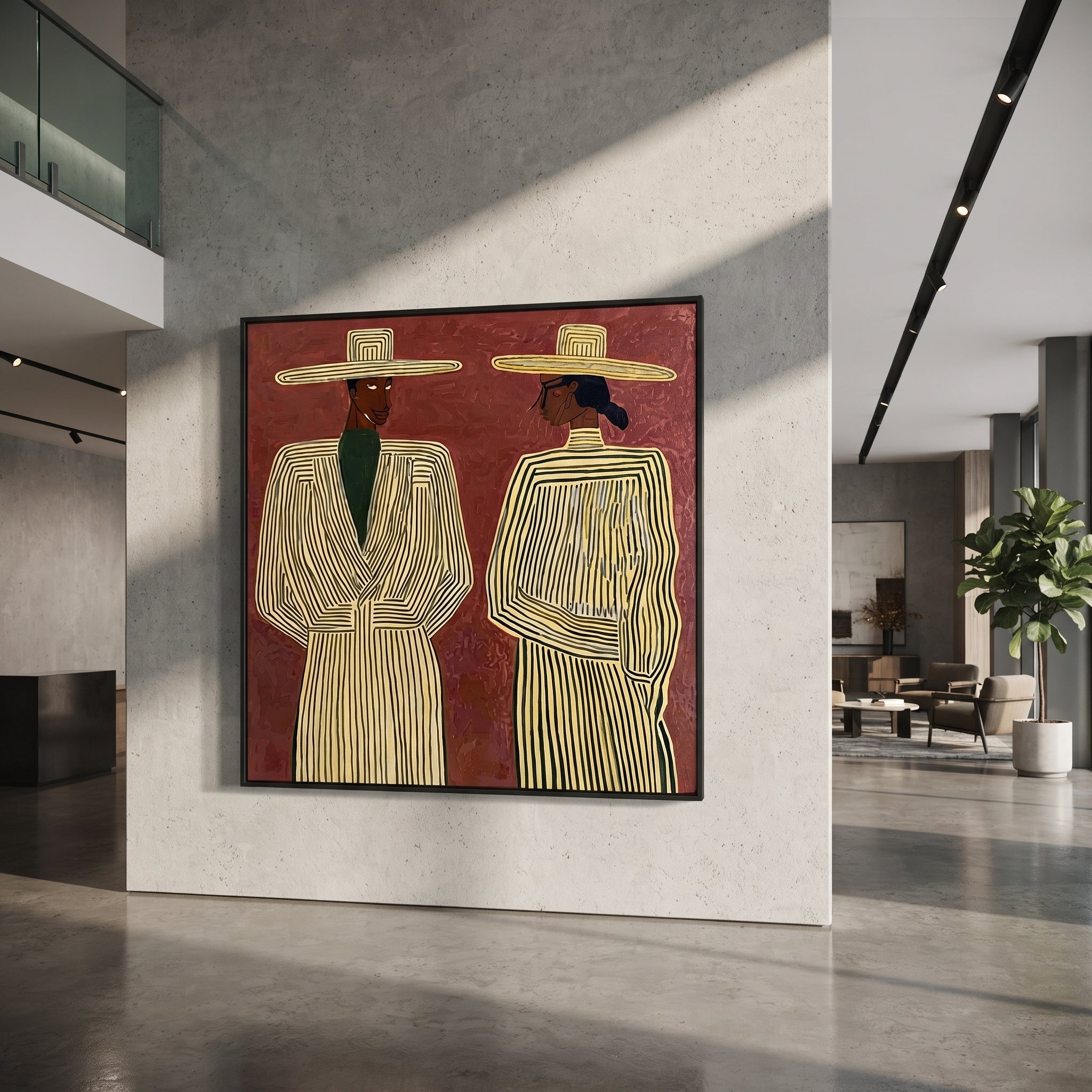 Ivory Lines Face Burgundy - elegant striped figure pair painting by Elliot Vale, modern figurative square wall art - styled room scene view 5