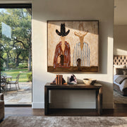 Two Cups Mark Earth - coffee hat figure pair painting by Elliot Vale, modern figurative square wall art - styled room scene view 1