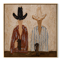 Two Cups Mark Earth - coffee hat figure pair painting by Elliot Vale, modern figurative square wall art - wood frame on white background