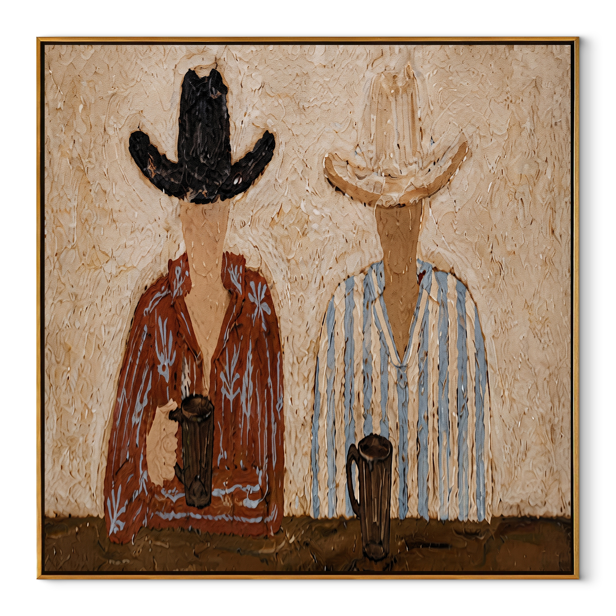 Two Cups Mark Earth - coffee hat figure pair painting by Elliot Vale, modern figurative square wall art - wood frame on white background