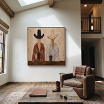 Two Cups Mark Earth - coffee hat figure pair painting by Elliot Vale, modern figurative square wall art - styled room scene view 2