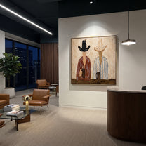 Two Cups Mark Earth - coffee hat figure pair painting by Elliot Vale, modern figurative square wall art - styled room scene view 3