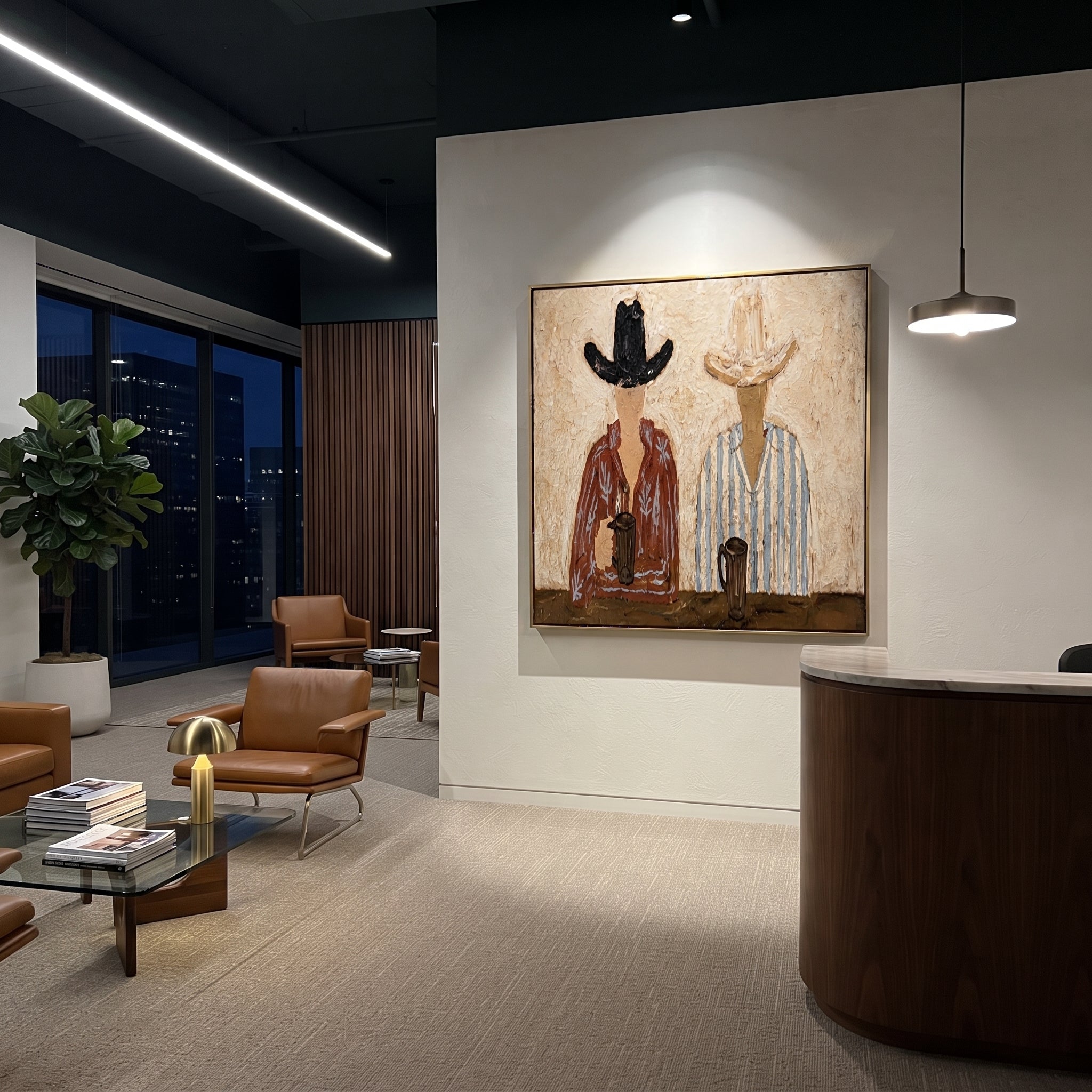 Two Cups Mark Earth - coffee hat figure pair painting by Elliot Vale, modern figurative square wall art - styled room scene view 3