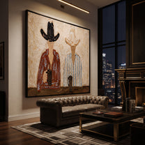 Two Cups Mark Earth - coffee hat figure pair painting by Elliot Vale, modern figurative square wall art - styled room scene view 4