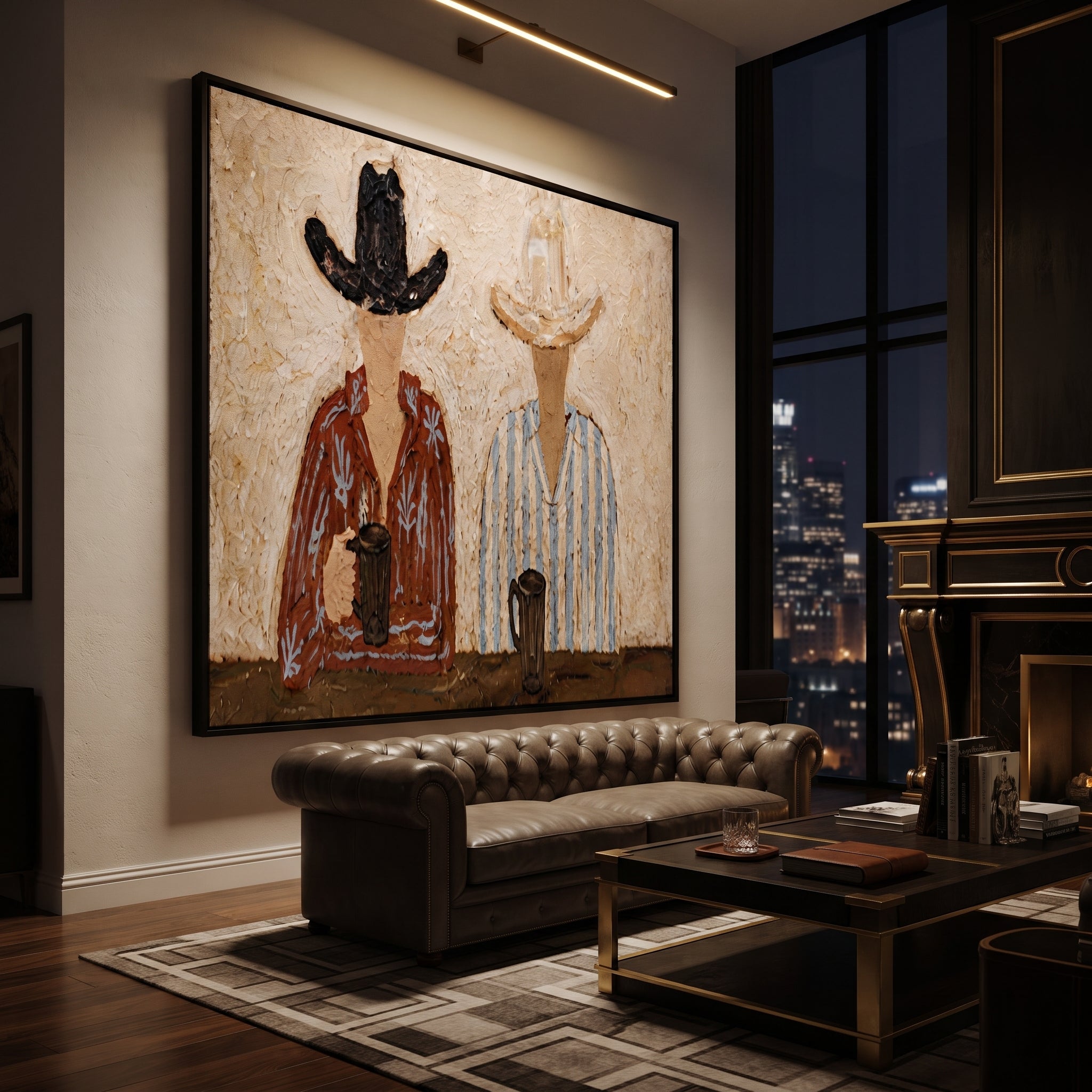Two Cups Mark Earth - coffee hat figure pair painting by Elliot Vale, modern figurative square wall art - styled room scene view 4