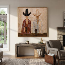 Two Cups Mark Earth - coffee hat figure pair painting by Elliot Vale, modern figurative square wall art - styled room scene view 5