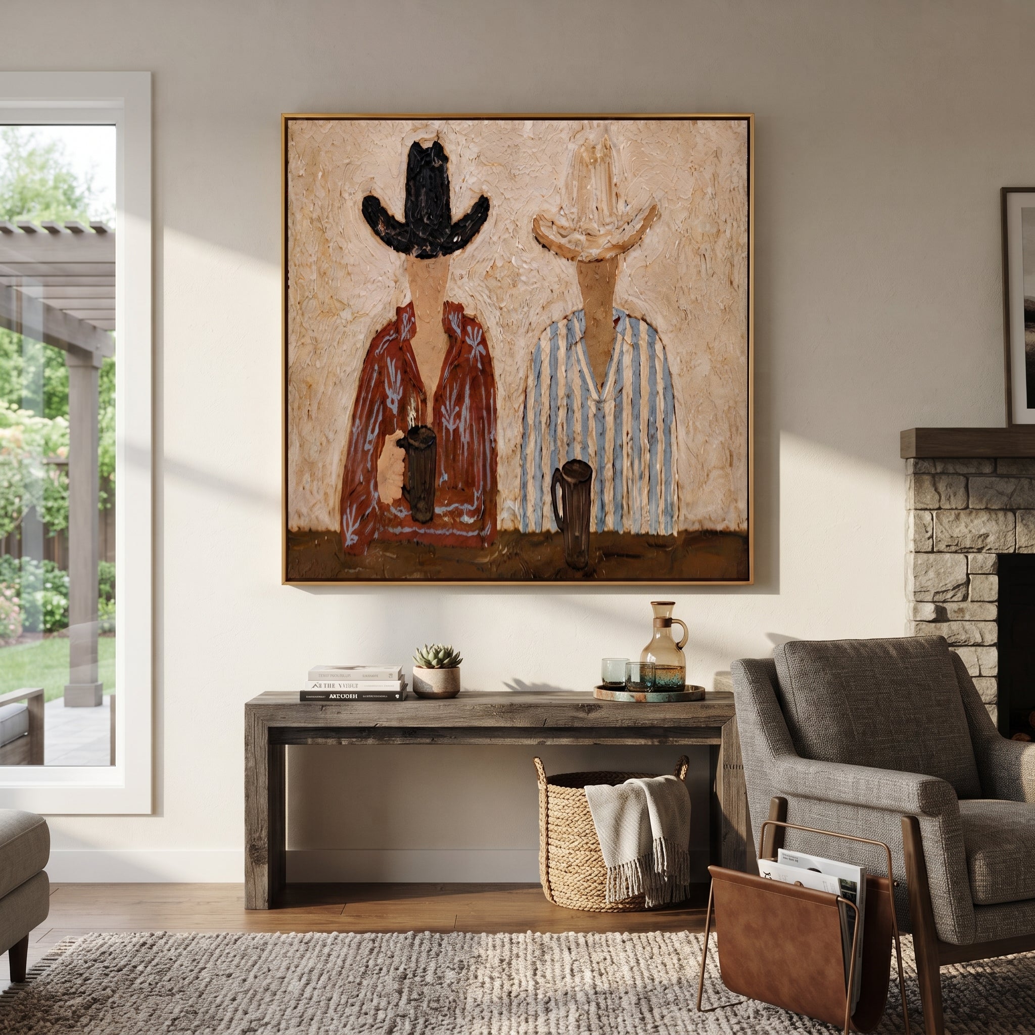 Two Cups Mark Earth - coffee hat figure pair painting by Elliot Vale, modern figurative square wall art - styled room scene view 5
