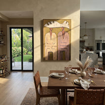 Pink Coats Share Antler - antler hat figure pair painting by Elliot Vale, modern figurative vertical wall art - styled room scene view 1