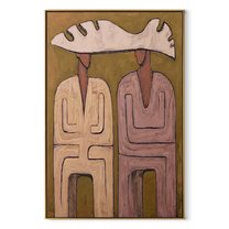 Pink Coats Share Antler - antler hat figure pair painting by Elliot Vale, modern figurative vertical wall art - wood frame on white background