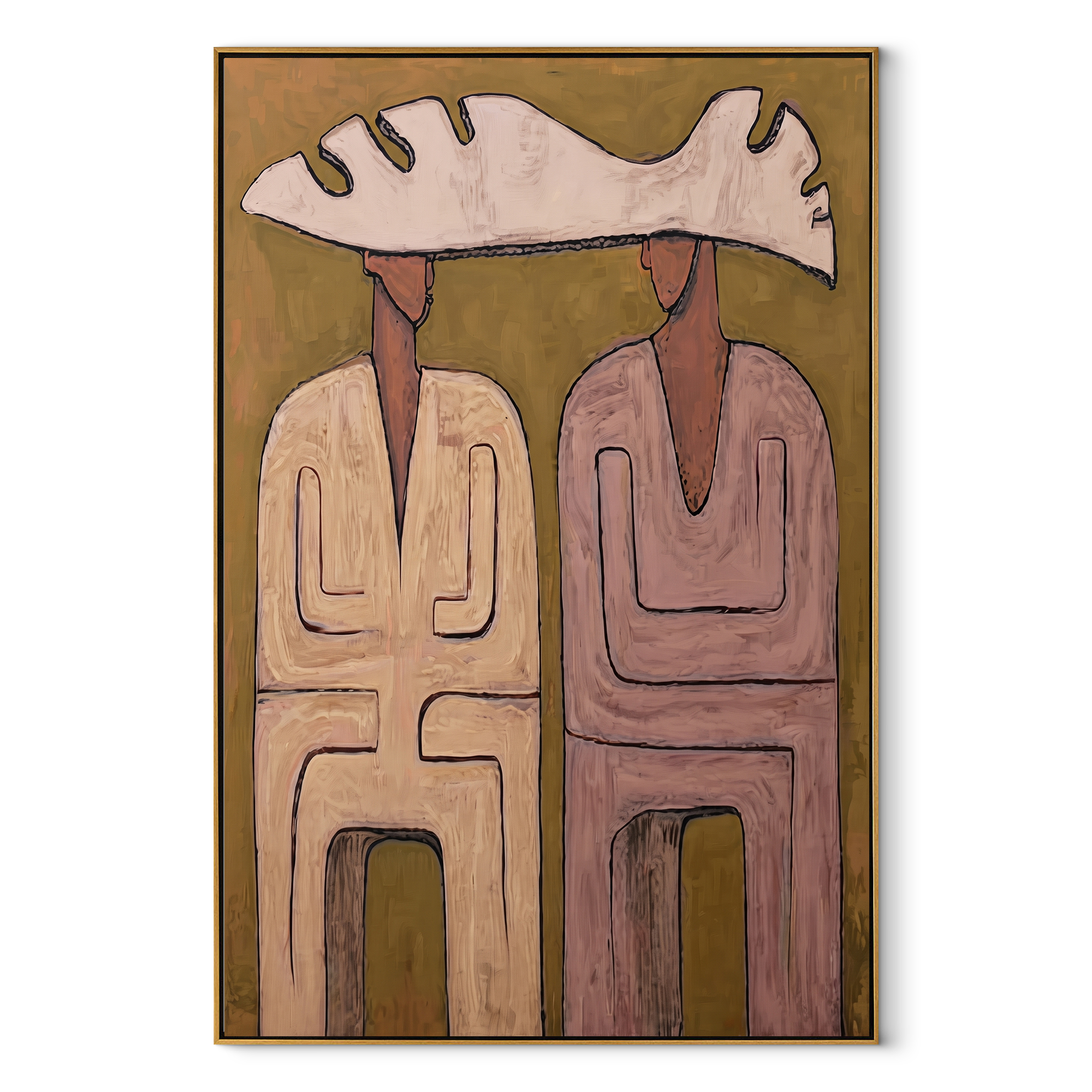 Pink Coats Share Antler - antler hat figure pair painting by Elliot Vale, modern figurative vertical wall art - wood frame on white background