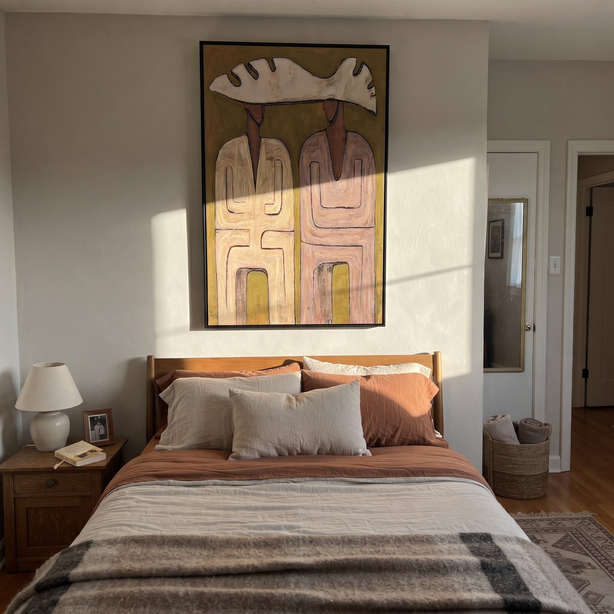 Pink Coats Share Antler - antler hat figure pair painting by Elliot Vale, modern figurative vertical wall art - styled room scene view 2