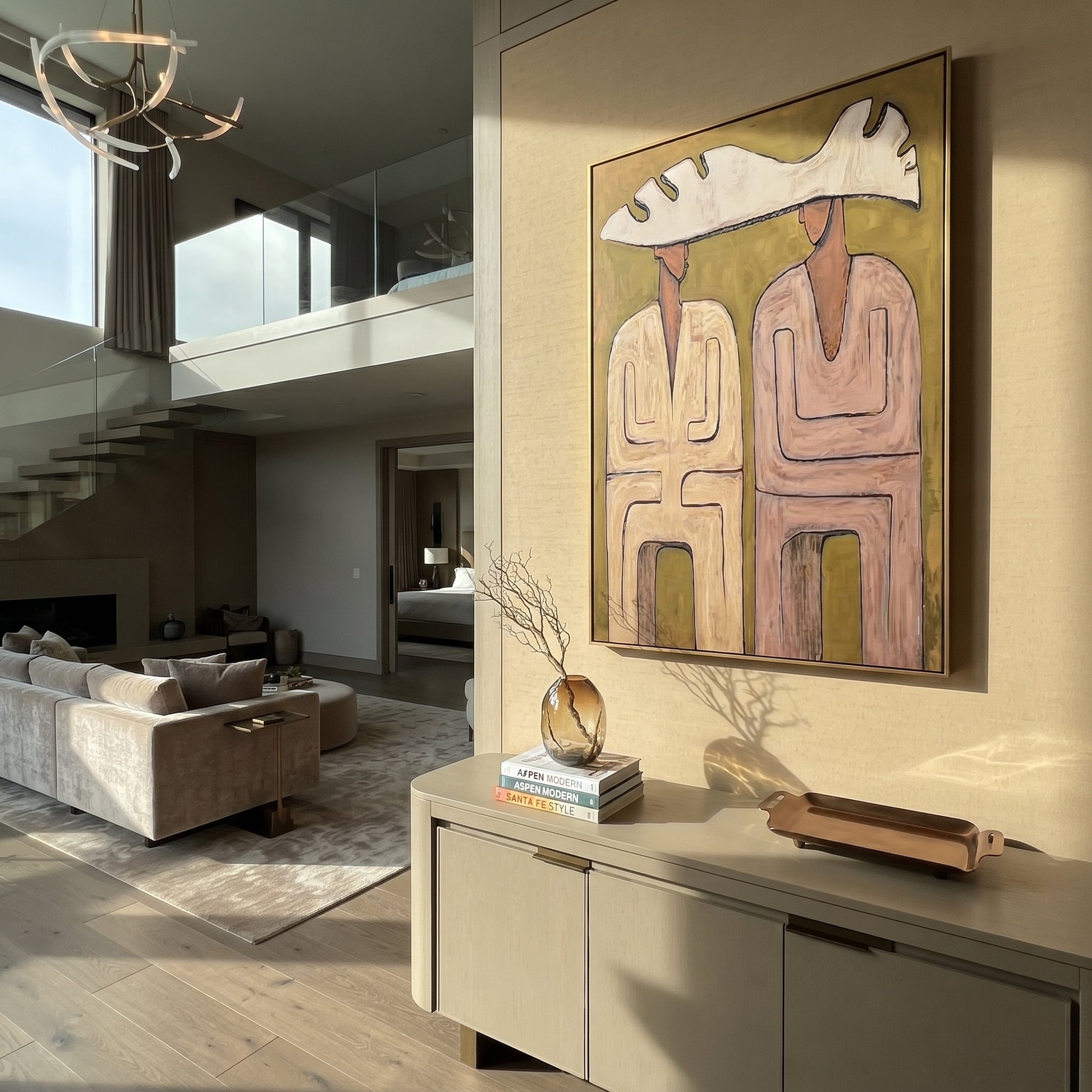 Pink Coats Share Antler - antler hat figure pair painting by Elliot Vale, modern figurative vertical wall art - styled room scene view 3