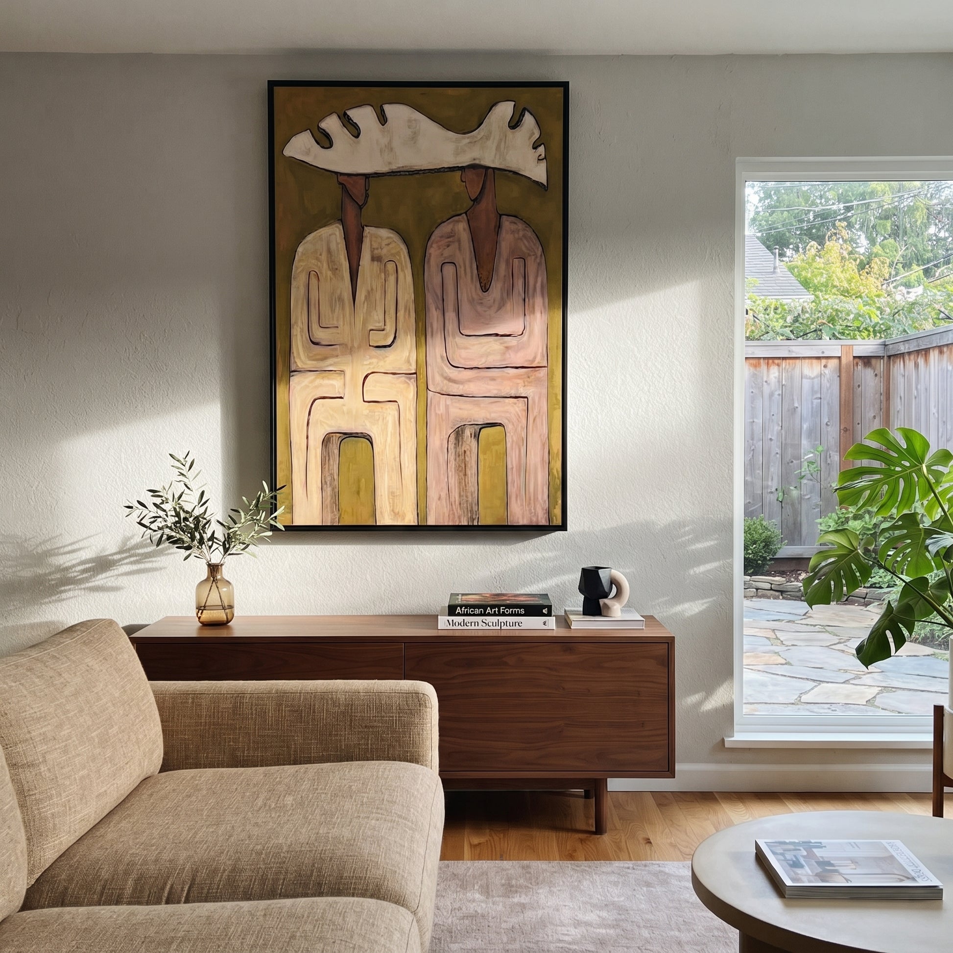Pink Coats Share Antler - antler hat figure pair painting by Elliot Vale, modern figurative vertical wall art - styled room scene view 5