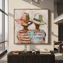 Pastel Hats Layer Faces - layered hat figure pair painting by Elliot Vale, modern figurative square wall art - styled room scene view 1