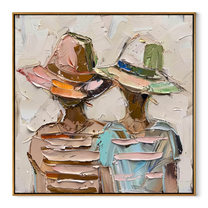 Pastel Hats Layer Faces - layered hat figure pair painting by Elliot Vale, modern figurative square wall art - wood frame on white background