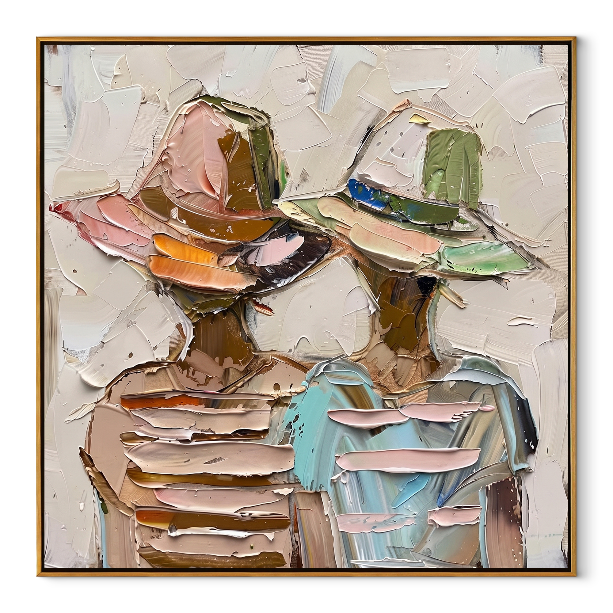 Pastel Hats Layer Faces - layered hat figure pair painting by Elliot Vale, modern figurative square wall art - wood frame on white background