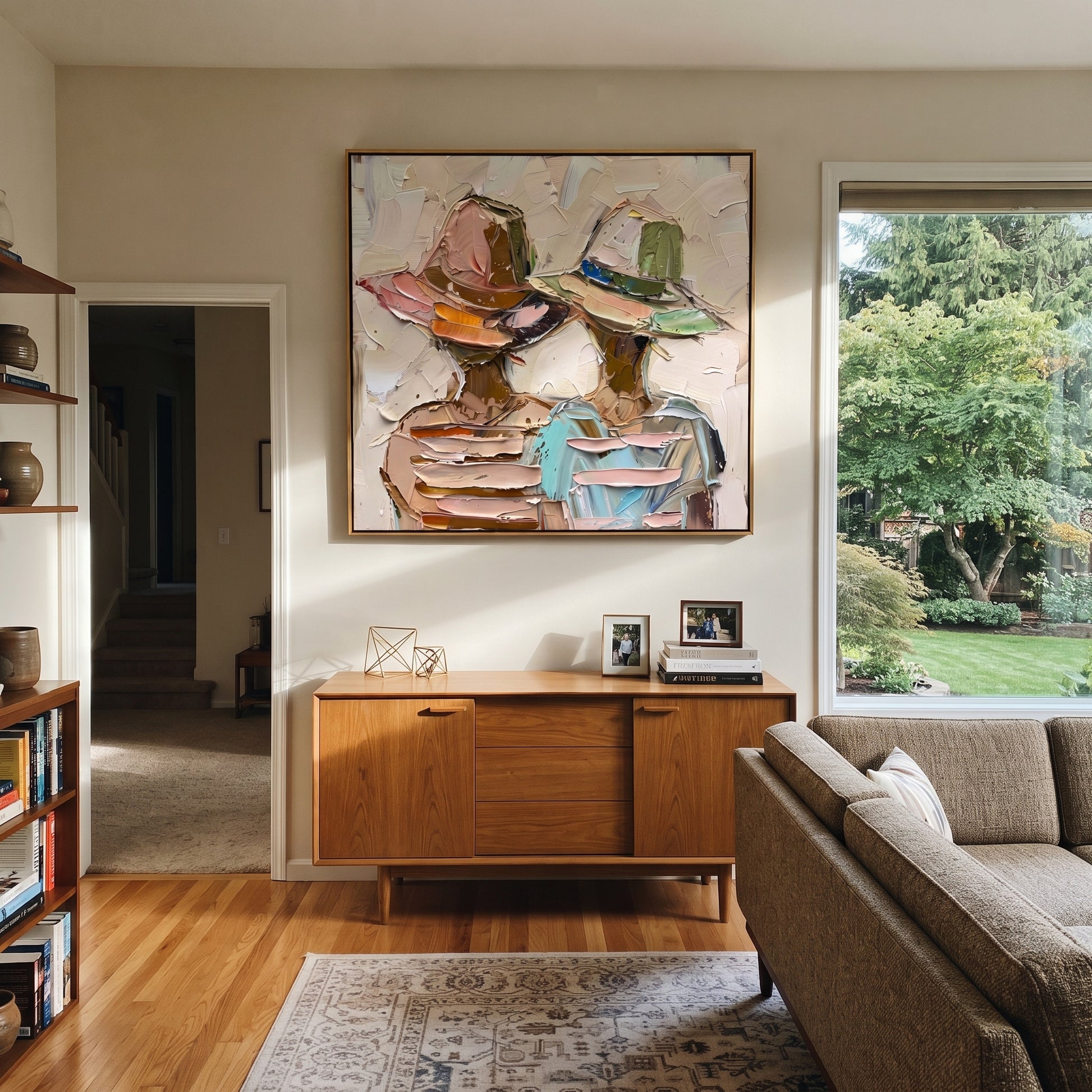 Pastel Hats Layer Faces - layered hat figure pair painting by Elliot Vale, modern figurative square wall art - styled room scene view 2