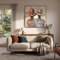 Pastel Hats Layer Faces - layered hat figure pair painting by Elliot Vale, modern figurative square wall art - styled room scene view 3